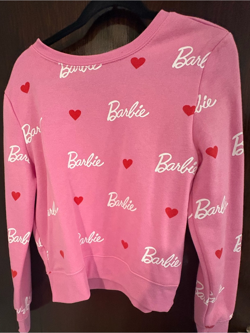Bundle 3 for $15. Barbie Pink Crewneck Sweater with Red Hearts. Size M.
